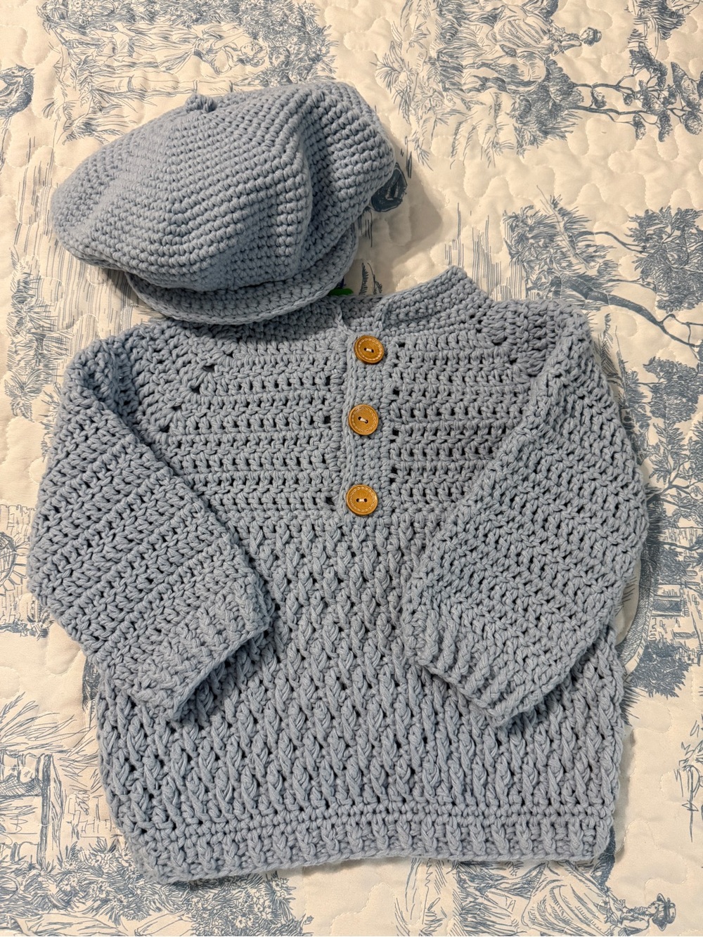 Hand-Knit Light Blue Kids Sweater & Beret Set